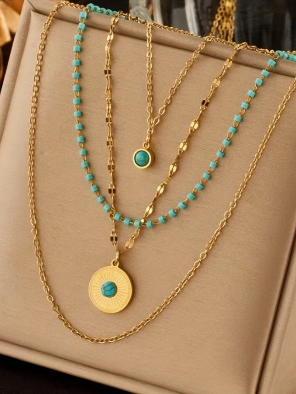 Layered Gold and Turquoise Pendant Necklace Set